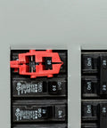 120V Snap On Breaker Lockout Red Pack Of 6 For Electrical Safety, shown installed on a 20 amp circuit breaker
