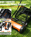 Effortless 14-Inch 5-Blade Push Reel Lawn Mower For Small Yards, Manual Walk-Behind With 5-Position Height Adjustment, Alloy Steel Blades, Quiet Lightweight, Motorless Design For Clean, No-Fuss Cuts. orange reel mower with removable grass catcher on grass