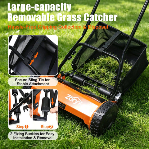 Effortless 14-Inch 5-Blade Push Reel Lawn Mower For Small Yards, Manual Walk-Behind With 5-Position Height Adjustment, Alloy Steel Blades, Quiet Lightweight, Motorless Design For Clean, No-Fuss Cuts. orange reel mower with removable grass catcher on grass