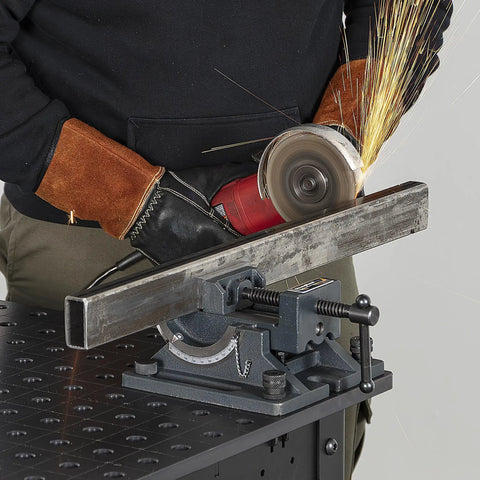 Cradle Angle Drill Press Vise With 3.5 Inch Jaw Opening 2500 Lb Clamping 0 To 90 Degree Tilt in use with metalwork