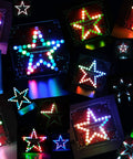 Collage of Star Shaped Soldering Practice Kit For Electronics DIY Projects With Colorful LED Flashing And Beep Music Entry Level MCU Training Kit For Beginners Two Sided Wiring Design Creative Present Or Gift, showing various LED colors and acrylic case details.