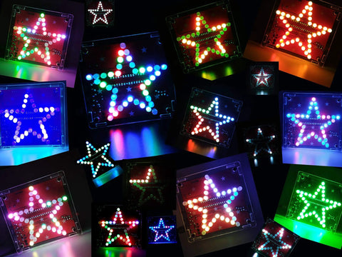 Collage of Star Shaped Soldering Practice Kit For Electronics DIY Projects With Colorful LED Flashing And Beep Music Entry Level MCU Training Kit For Beginners Two Sided Wiring Design Creative Present Or Gift, showing various LED colors and acrylic case details.