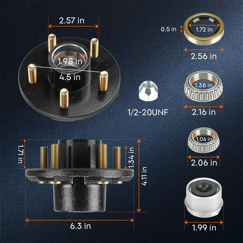 Two Youxmoto trailer hub assemblies (5-on-4.5) with bearings and grease seals for 3500-lb axle, Amazon brand