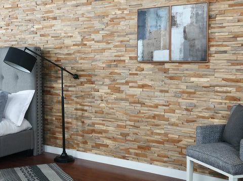 Teak 3D Wood Wall Panels Set Of 10 Handmade Unique Planks Premium DIY Wall Decor in living room with modern rustic vibe