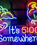Metal Frame Neon Sign 17 Inch By 13 Inch Real Glass Neon Light Perfect For Bar Pub Garage Or Home Wall Decor Multi Colored Vibrant Glow With Vintage Style And Eye Catching Room Vibe featuring "It's 5:00 Somewhere" text with tropical elements.