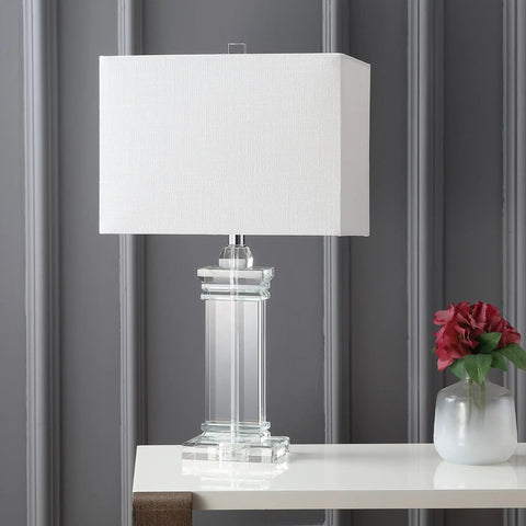 Ophelia Clear Solid Crystal LED Table Lamp With White Linen Shade, Modern Rectangular Column Design, UL Listed And ETL Certified