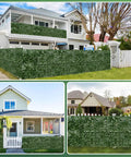Artificial Ivy Privacy Fence Screen 120x40 Inch Faux Hedge Wall for Patio Balcony Garden Backyard Indoor Outdoor Decor Easy Install with 12 Panels and 100 Cable Ties shown around houses and garden areas.
