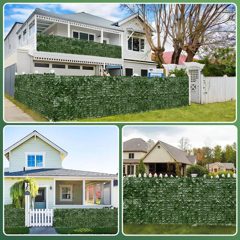 Artificial Ivy Privacy Fence Screen 120x40 Inch Faux Hedge Wall for Patio Balcony Garden Backyard Indoor Outdoor Decor Easy Install with 12 Panels and 100 Cable Ties shown around houses and garden areas.