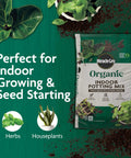 Organic Indoor Potting Mix With Smart Moisture Regulation 16 quarts for indoor growing shown with herbs and houseplants.