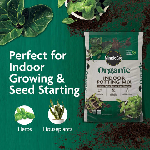 Organic Indoor Potting Mix With Smart Moisture Regulation 16 quarts for indoor growing shown with herbs and houseplants.