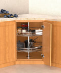 Open wooden cabinet showing a 28 Inch Chrome Corner Cabinet Lazy Susan Full Circle Rotating Rack For Corner Base Kitchen Easy Reach Replacement