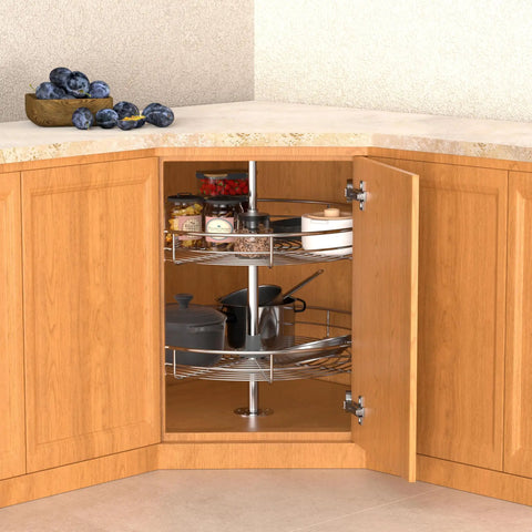 Open wooden cabinet showing a 28 Inch Chrome Corner Cabinet Lazy Susan Full Circle Rotating Rack For Corner Base Kitchen Easy Reach Replacement