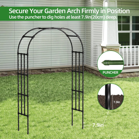 Adjustable Garden Arch Trellis 4.9x8.5 Ft Metal Outdoor Arbor For Climbing Plants shown on grass with depth guide details