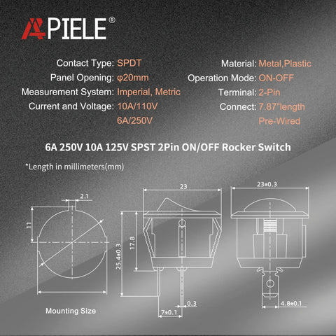 10 Pack KCD1 Mini Round Rocker Switches SPST On Off Snap In With 200mm Pre Wired Wires For Car Boat Auto Use 2 Pin Mount 6A 250V 10A 125V 12V DC Nylon PA66 Durable Tough, 20mm panel cutout drawing