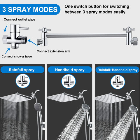 Diagram showing High Pressure Rain Shower Head With Handheld Spray Combo Pro, 3 spray modes, chrome finish, adjustable arm.