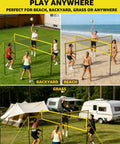 Four Square Volleyball Game Set With 4 Way Cross Net For Backyard And Beach Portable Outdoor Volleyball And Badminton Combo Net For Four Players Includes Carrying Bag shown set up on grass, beach, and backyard settings.