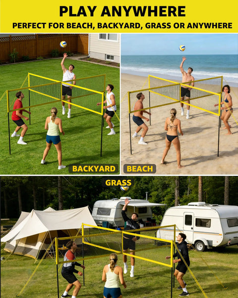 Four Square Volleyball Game Set With 4 Way Cross Net For Backyard And Beach Portable Outdoor Volleyball And Badminton Combo Net For Four Players Includes Carrying Bag shown set up on grass, beach, and backyard settings.