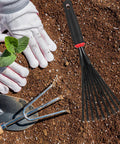 Nine Tines Metal Garden Hand Rake Set For Yard Lawn And Flower Beds Mini Cultivator Tools With Easy Grip Handle on soil