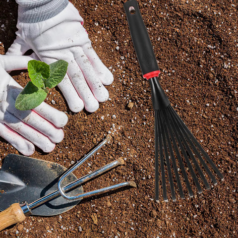 Nine Tines Metal Garden Hand Rake Set For Yard Lawn And Flower Beds Mini Cultivator Tools With Easy Grip Handle on soil
