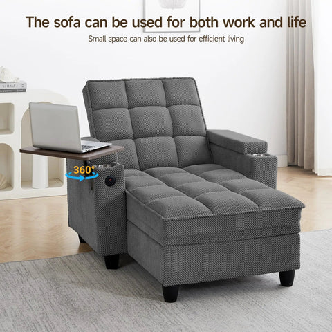 Big And Comfy Recliner With 360 Degree Swivel Tray Table Modern Tufted Linen Chair With Cup Holders And USB Port