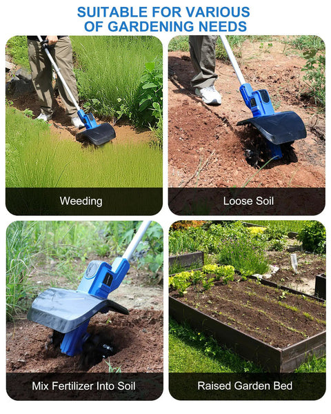 Cordless Garden Tiller 20V No Cord Hassle With 8.6 Inch Cultivator Head used for weeding, soil loosening, fertilizing, and raised beds
