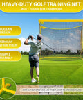 Golfer using Heavy Duty Golf Hitting Net 10x7 Ft With Extra Striking Net in a grassy field, showcasing full interception and stability.