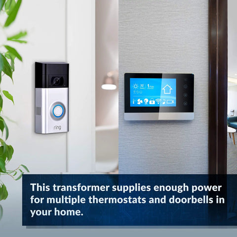 Image of a Ring Video Doorbell and smart thermostat powered by a 24V 40VA Doorbell Transformer Power Supply For Ring Video Doorbell Pro And Nest, Wired Chimes, Smart Home Ready, Capable Of Running Multiple Devices At Once, Ideal For Smart Doorbells, Thermostats And More.
