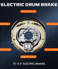 12in x 2in electric trailer brake assembly front view with brake shoes, backing plate, magnet