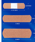 Band-Aid Brand flexible fabric adhesive bandages, assorted sizes, three strips shown on blue background