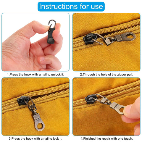 Instructions for using Zipper Pull Replacement Kit Four Pcs Detachable Metal Zipper Tabs For Luggage Backpacks And Suitcases Gun Black