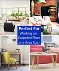 Self Adhesive Furniture Sliders For Carpet, 40 Pack Moving Pads shown in living room, office, and lounge settings on carpeted floors.