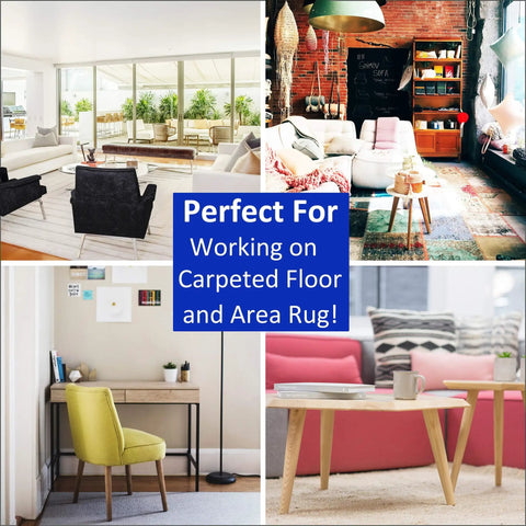 Self Adhesive Furniture Sliders For Carpet, 40 Pack Moving Pads shown in living room, office, and lounge settings on carpeted floors.
