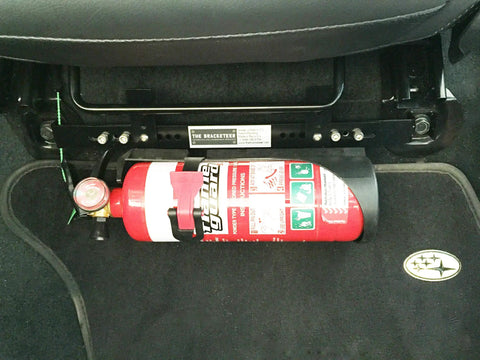 Adjustable Fire Extinguisher Bracket For Most Vehicles, Lets You Clamp Onto Seat Rails Or Bolt To Seat Mounts in car