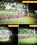 Rechargeable Spotlight And COB Flood Light Combo With 2,200,000 Lumen LED beam lighting up a garden, IP67 waterproof rating visible.