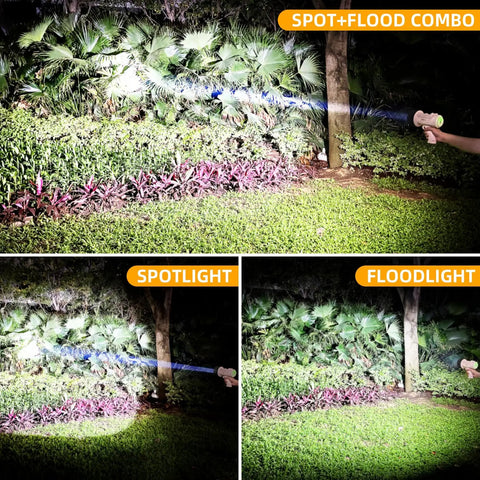 Rechargeable Spotlight And COB Flood Light Combo With 2,200,000 Lumen LED beam lighting up a garden, IP67 waterproof rating visible.