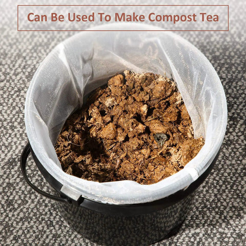 30 Pack 5 Gallon Paint Strainer Bags With Elastic Top, filled with compost in a bucket, used for filtering and easy pouring.
