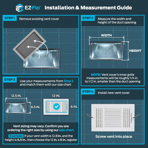 Installation guide for 12 By 6 Inch Duct Opening Air Vent Cover For Wall Or Ceiling With Three Way Ventilation Solid Steel HVAC Register Cover White Finish 5 Adjustable Dampers And 19 Louvers For Quiet Operation