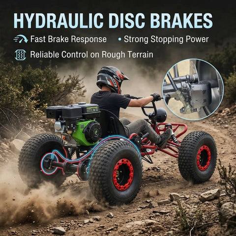Person driving 212cc Gas Powered Off Road Go Kart With CVT Drive And 420 Chain F/N/R Electric And Pull Start AT19x7-8 Tires