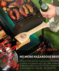 Wood Grill Scraper With QuickClean Tech Bristle Free BBQ Brush Alternative for Safe Grillin next to a grill with food
