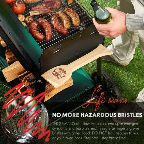 Wood Grill Scraper With QuickClean Tech Bristle Free BBQ Brush Alternative for Safe Grillin next to a grill with food