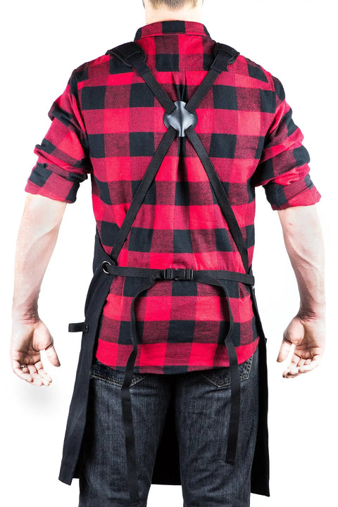 Back view of Deluxe Waxed Canvas Tool Apron For Men And Women With Removable Padded Straps and Crossback Design