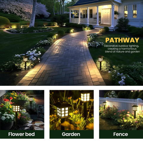 8 Pack LED Solar Outdoor Lights Waterproof for Garden Pathway Driveway and Yard Auto On at Night illuminating a garden path