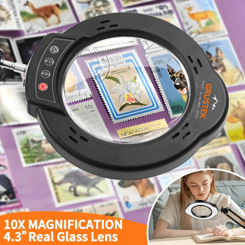10X Magnifying Glass With Light And Stand, 84 LEDs, showing detailed stamps with clamp and dimmable modes