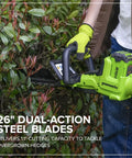 Person using 40V 26 Inch Brushless Hedge Trimmer Tool Only With Rotating Rear Handle for vertical cuts on bushes