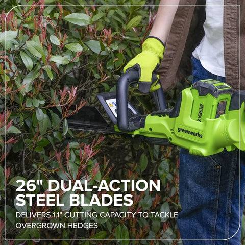 Person using 40V 26 Inch Brushless Hedge Trimmer Tool Only With Rotating Rear Handle for vertical cuts on bushes