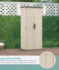 Vertical Outdoor Storage Shed For Long Handled Tools And Garden Gear In Vanilla, All Weather Construction on patio