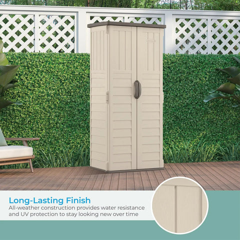 Vertical Outdoor Storage Shed For Long Handled Tools And Garden Gear In Vanilla, All Weather Construction on patio