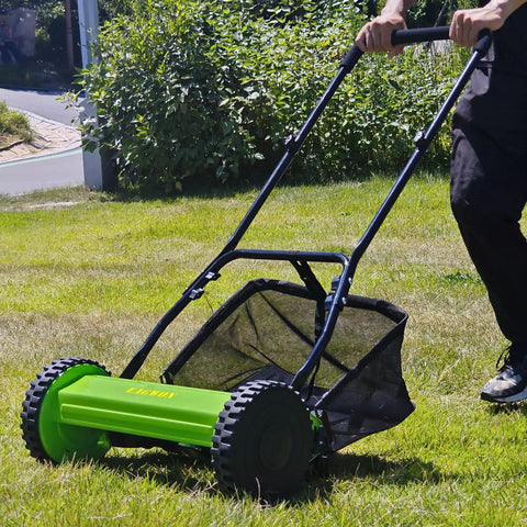 Effortless Manual Push Reel Lawn Mower With 14 Inch Cut, No Gas No Fuss, Five Blade Precision, Adjustable Height 0.6 To 1.8 Inches, Removable Grass Catcher Bag For Yard And Garden Lawn Care on grass