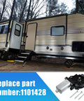 Heavy Duty RV Stair Entry Step Motor Stepper Swap For No Sweat Installs With Slick Auto Retract Safety Lock Fits 676061 1101428 214-1009 Motorhome Coach Door Actuator at RV with visible stairs and actuator.