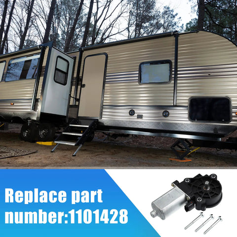 Heavy Duty RV Stair Entry Step Motor Stepper Swap For No Sweat Installs With Slick Auto Retract Safety Lock Fits 676061 1101428 214-1009 Motorhome Coach Door Actuator at RV with visible stairs and actuator.